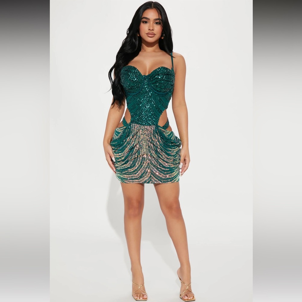 Tali Draped Sequin Emerald Gold Mini Dress Size S Fashion Nova Cut Out